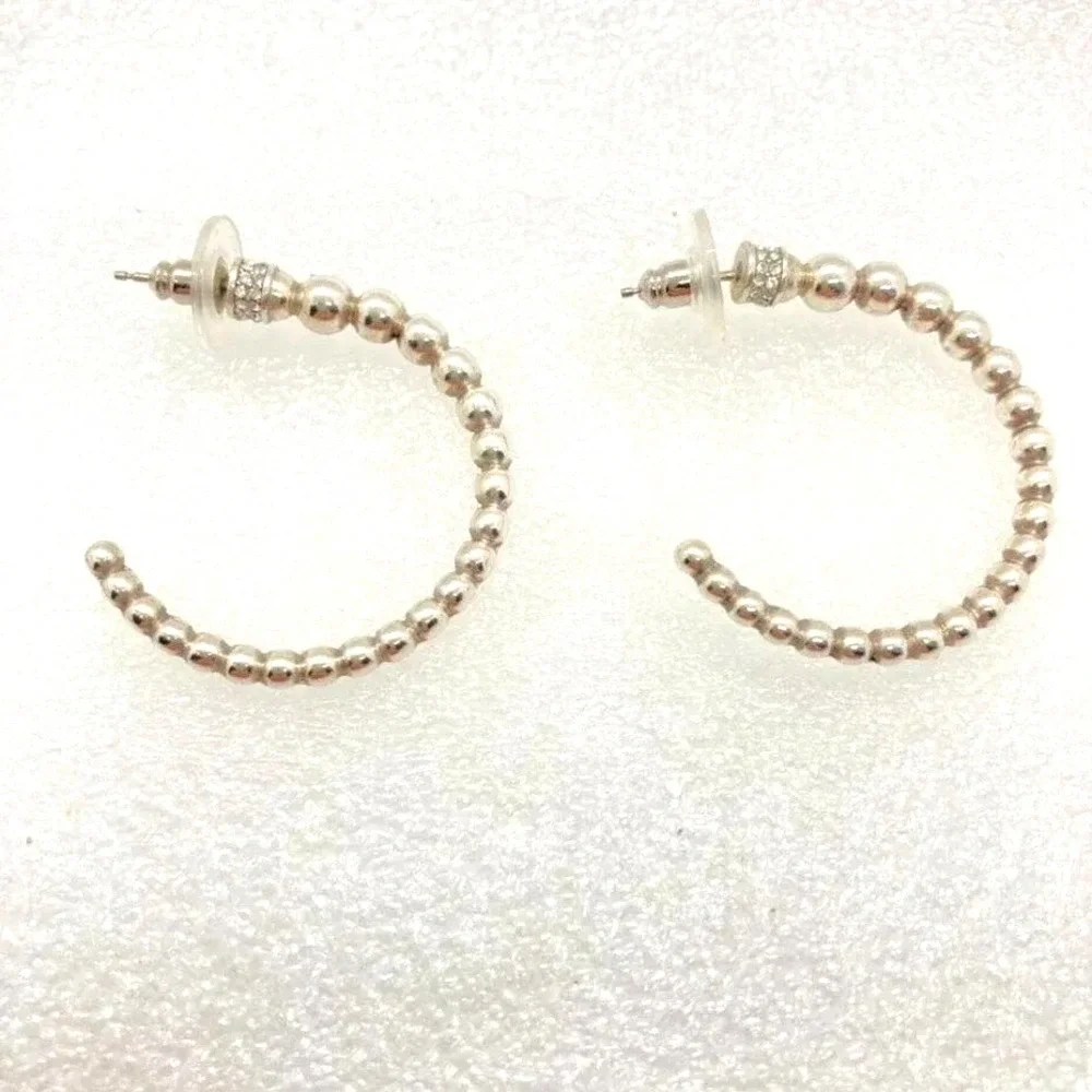 Silver Tone Beaded Open Hoop‎ Earrings Rhinestone Accent Womens Fashion Jewelry